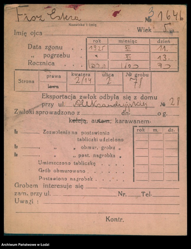 Obraz 4 z jednostki "Kartoteka osób pochowanych na cmentarzu żydowskim przy ulicy Brackiej w latach 1892-1957. Nazwiska na litery: Fisz-For"