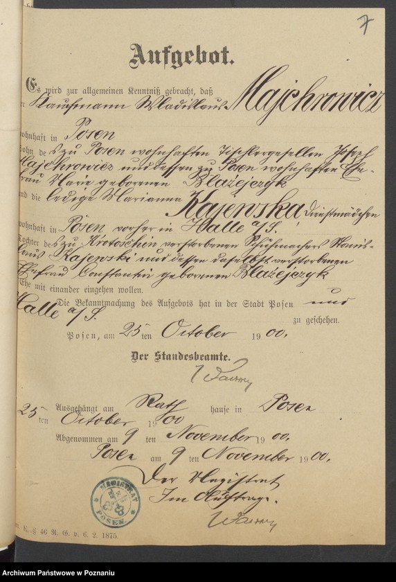 Obraz 9 z jednostki "Die von den Verlobten beigebrachten Urkunden zur Eheschliessung pro 1900"