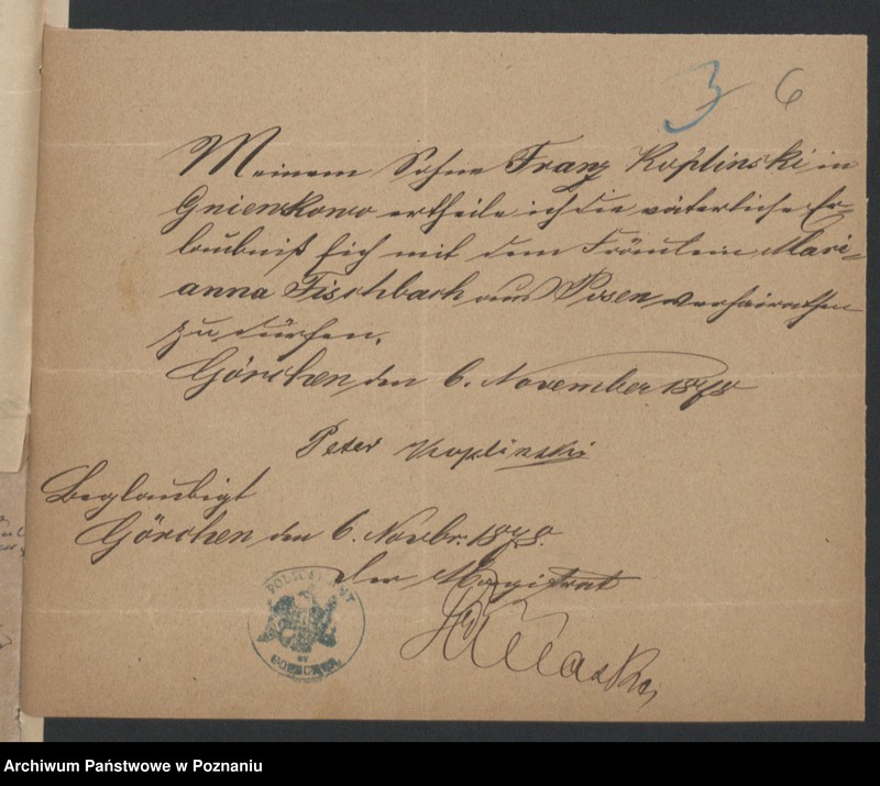 Obraz 8 z jednostki "Die von den Verlobten beigebrachten Urkunden zur Eheschliessung pro 1878"