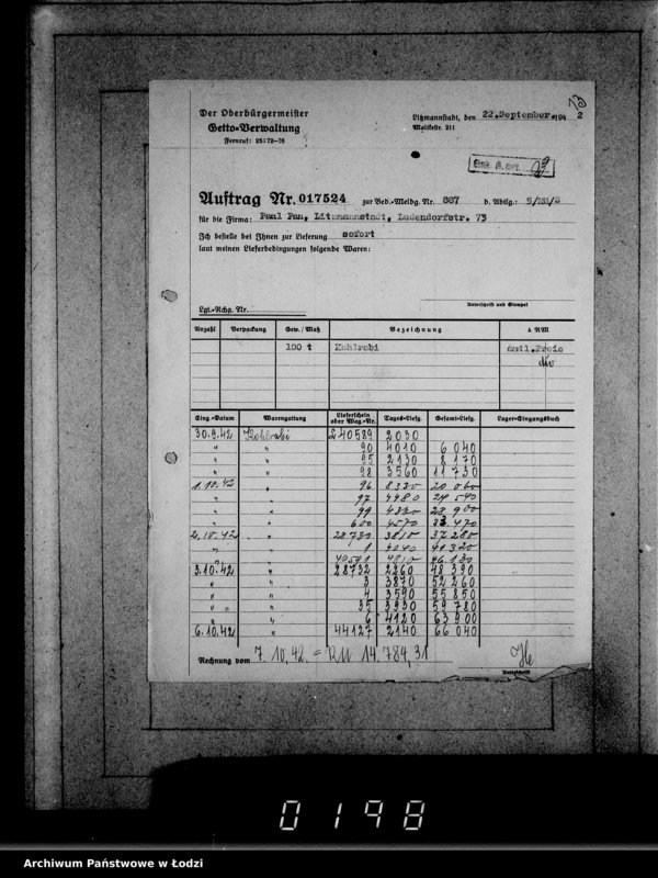 Obraz 17 z jednostki "Lebensmitteleinkauf. Aufträge, [Lieferscheinen und Rechnungen] 16971-17525 [Dostawa produktów żywnościowych do Getta]"