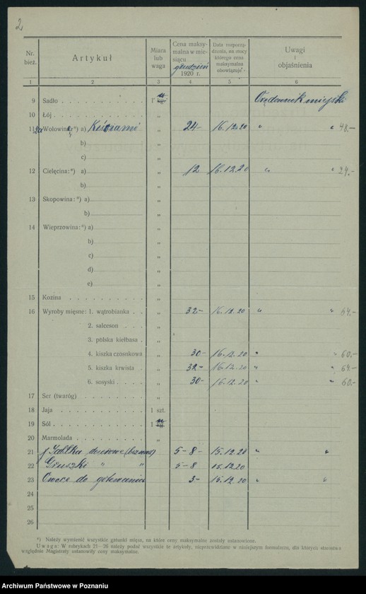 Obraz 4 z jednostki "[Wykazy urzędowo ustanowionych cen maksymalnych na artykuły pierwszej potrzeby na terenie Województwa Poznańskiego za miesiąc grudzień 1920 roku]"