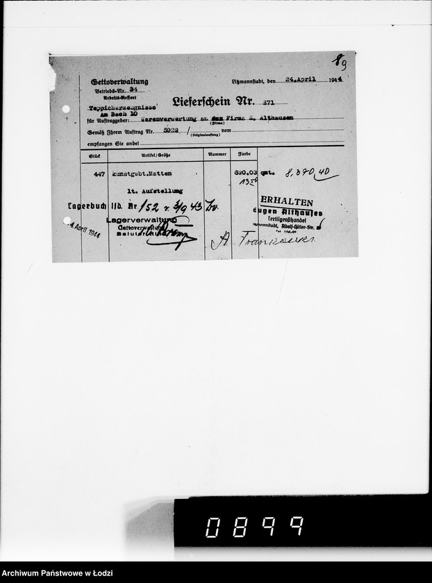 Obraz 13 z jednostki "Auftrag 592 Warenverwertung von den Judenältesten für Eugen Althausen Litzmannstadt"