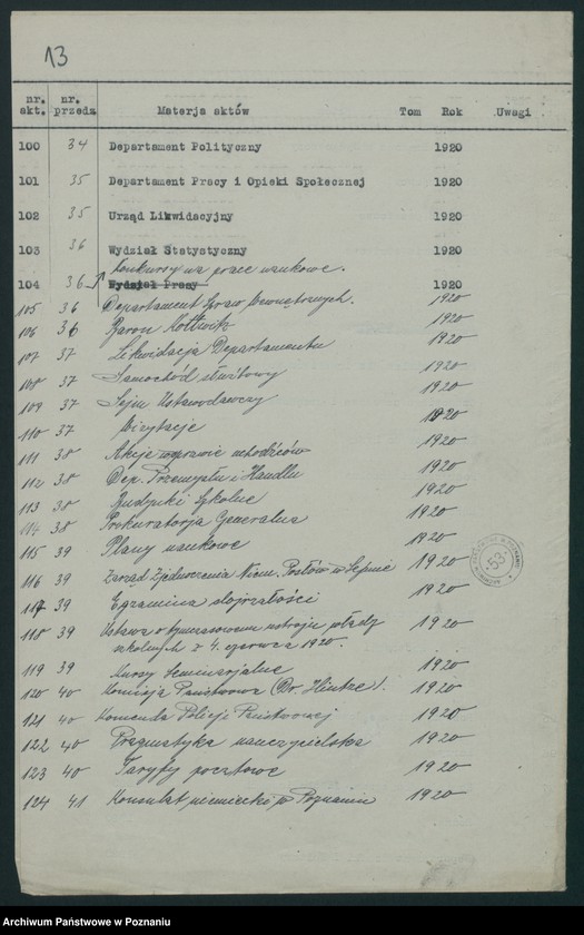 Obraz 13 z jednostki "Spis aktów Wydziału Gospodarczego Ministerstwa byłej dzielnicy pruskiej"