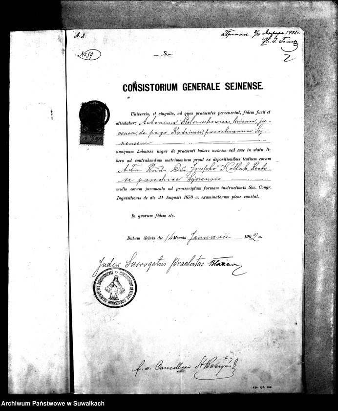 Obraz 6 z jednostki "Dokumenty k aktam brakosočetavšichsja Sejnskago Rimsko-Katoličeskago Prichoda za 1902 god."