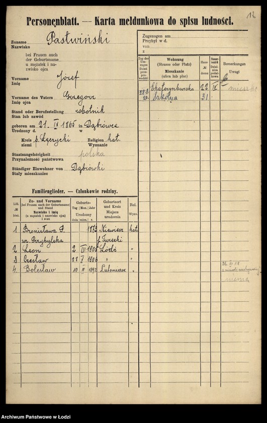 Obraz 20 z jednostki "[Spis ludności Łodzi] Pastuszewski-Patron"