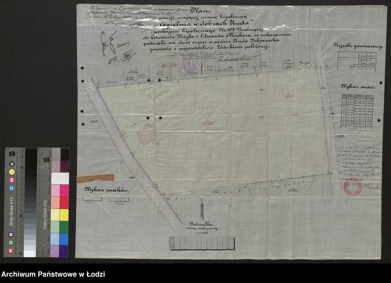 Obraz 1 z jednostki "Plan posesji mającej nazwę hipoteczną "Cegielnia w dobrach Ruda" repertorjum hipotecznego Numer 103/431, należącej do Edwarda Niegta i Edwarda Machera, ze wskazaniem podziału na dwie części w mieście Ruda Pabjanicka powiecie i województwie Łódzkiem położonej"