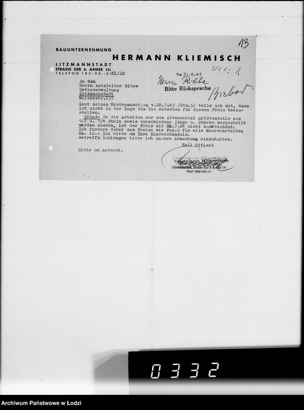 Obraz 17 z jednostki "Fa.Kliemisch.Werkhalle & Baluter-Schlahthof [rachunki za dostawy towarów dla Getta]"