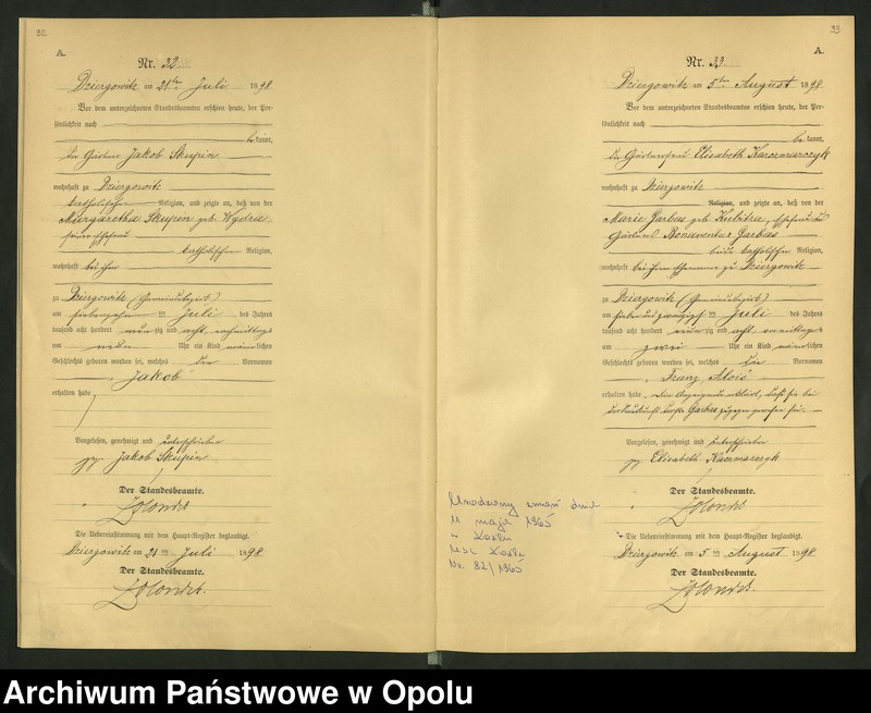 Obraz 20 z jednostki "Urząd Stanu Cywilnego Dziergowice Księga urodzeń rok 1898-99"