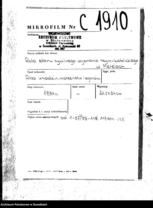 image.from.unit.number "Duplikat Aktów Urodzonych Umarłych i Zaślubionych Parafii Metelskiey z Roku 1834"