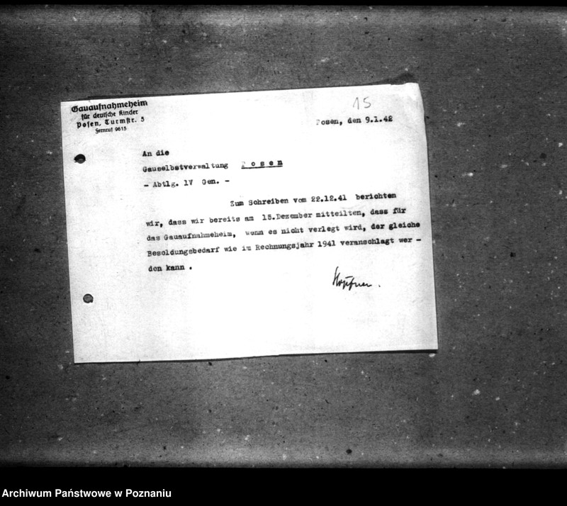 Obraz 19 z jednostki "Schriftwechsel mit der Gauselbsverwaltung [Korespondencja dotycząca spraw gospodarczych, dane o dzieciach, listy personelu niemieckiego]."