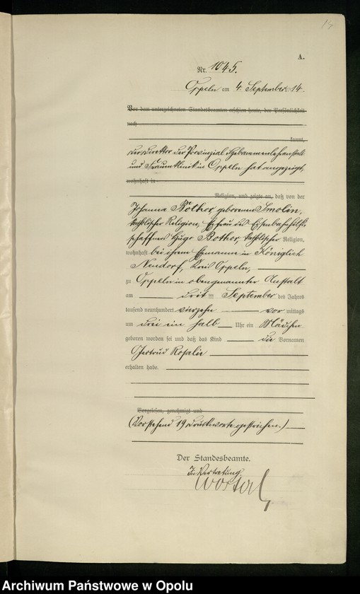 Obraz 17 z jednostki "Urząd Stanu Cywilnego Opole Księga Urodzeń Rok 1914 1034-1493"