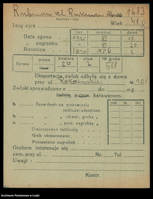Obraz 9 z jednostki "Kartoteka osób pochowanych na cmentarzu żydowskim przy ulicy Brackiej w latach 1892-1956. Nazwiska na litery: Rubl-Rz"