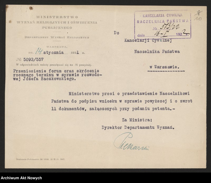 image.from.unit.number "Przeniesienie forum sądowego spraw rozwodowych do Sądów Konsystorskich Ewangelicko - Augsburskiego i Ewangelicko - Reformowanego oraz skrócenie rocznego terminu zapozwu w sprawach rozwodowych, rozpatrywanych przed najwyższymi sądami. Reskrypty Naczelnika Państwa, wnioski, korespondencja z Min. Wyznań Religijnych i Oświecenia Publicznego"