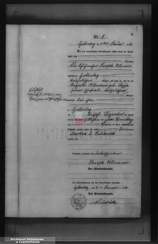 image.from.unit.number "Geburts - Neben Register des Königlich Preussischen Standesamts Guttentag im Kreise Lublinitz pro 1881."