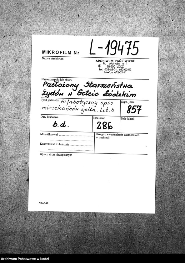 Obraz 2 z jednostki "[Alfabetyczny spis mieszkańców getta. Litera S]"