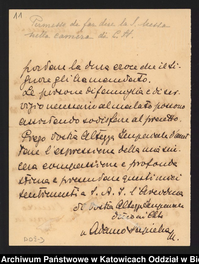 image.from.unit.number "[1. Korespondencja arcyksiężnej Marii Teresy Habsburg z władzami kościelnymi w sprawie uzyskania zezwolenia na odprawianie Mszy Świętej w kaplicy zamkowej 1905-1912, 2. Kopia fragmentu traktatu wiedeńskiego z 3 maja 1815 roku]"