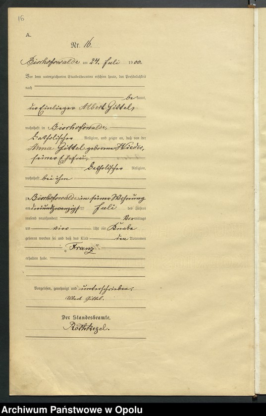 Obraz 20 z jednostki "Geburts-Haupt-Register des Standsamts Bischofswalde pro 1900"