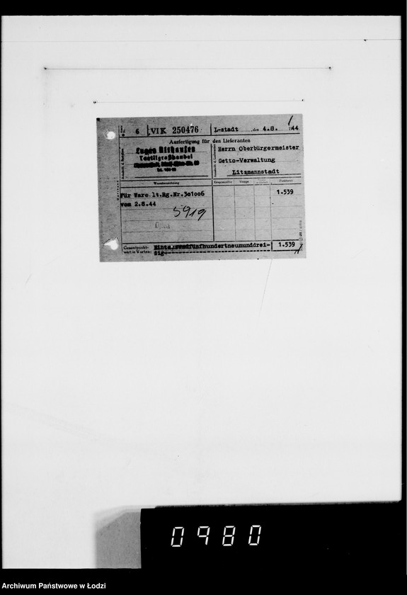 Obraz 5 z jednostki "Auftrag 5919. Damen-Hüte für F-ma Eugen Althausen Litzmannstadt"