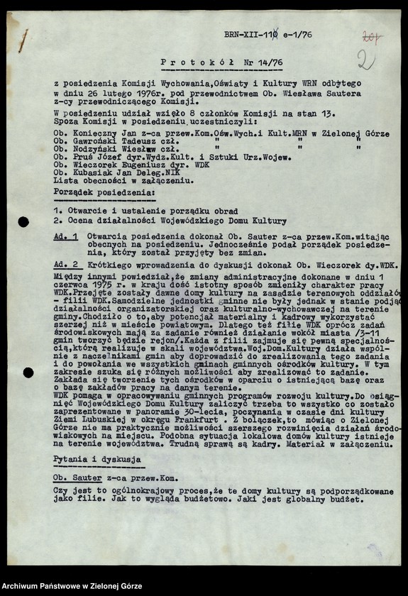 image.from.unit.number "Protokóły z posiedzeń Komisji Wychowania, Oświaty i Kultury Wojewódzkiej Rady Narodowej w Zielonej Górze; Nr 14, 1 - 5"
