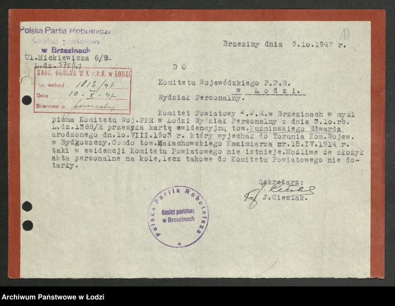 Obraz 19 z jednostki "Wykazy wykluczonych z partii i ubyłych z innych przyczyn [z lat 1945 - 1947]"