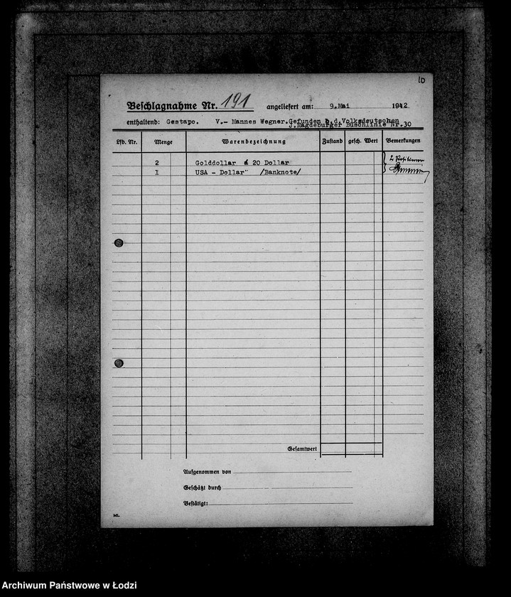 Obraz 14 z jednostki "Gestapo 1-200 [Kartoteka skonfiskowanego majątku ruchomego u Żydów]"