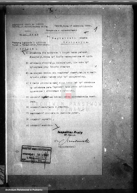 image.from.unit.number "Zatwierdzenie zakładu przemysłowego fabryki lakierów i politury własność Bułak-Bałachowicz w Krotoszynie nr rej. 573"