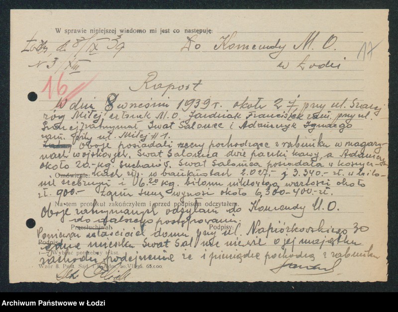 Obraz 19 z jednostki "[Akta XIII Komisariatu Milicji Obywatelskiej - protokoły i meldunki z zajść ulicznych, kradzieży, poszukiwań zaginionych]"