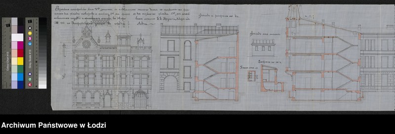 Obraz 13 z jednostki "O postrojkě firmoû "Kruše i Ênder˝ kamennago 3h˝ êt[ažnago] žilago doma s˝ takim˝ že fligelem˝ dlâ sklada tovarov˝, odnoêtažnago fligelâ dlâ takogo že sklada i 1-o êt[ažnyh] hoz[âjstvennyh] služb˝ i othožih měst˝ v˝ gor[ode] Lodzi"