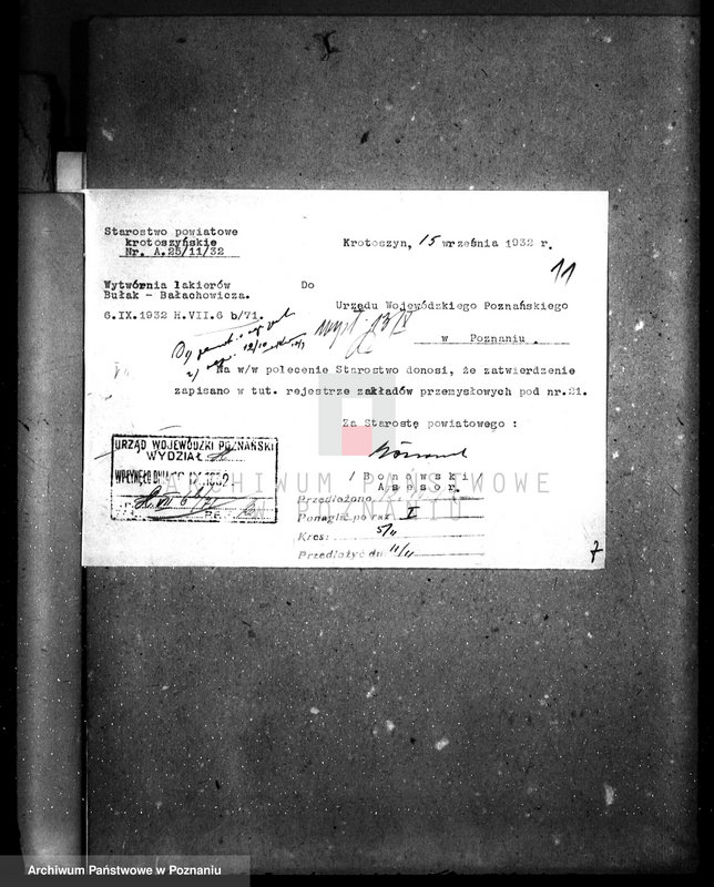 image.from.unit.number "Zatwierdzenie zakładu przemysłowego fabryki lakierów i politury własność Bułak-Bałachowicz w Krotoszynie nr rej. 573"