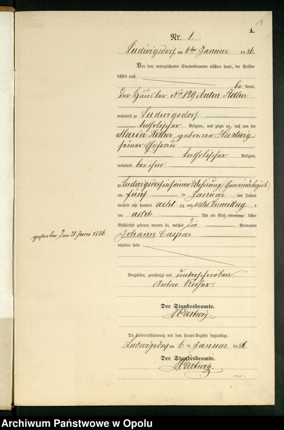 Obraz 5 z jednostki "Geburts-Neben-Register des Standesamts Ludwigsdorf pro 1886"