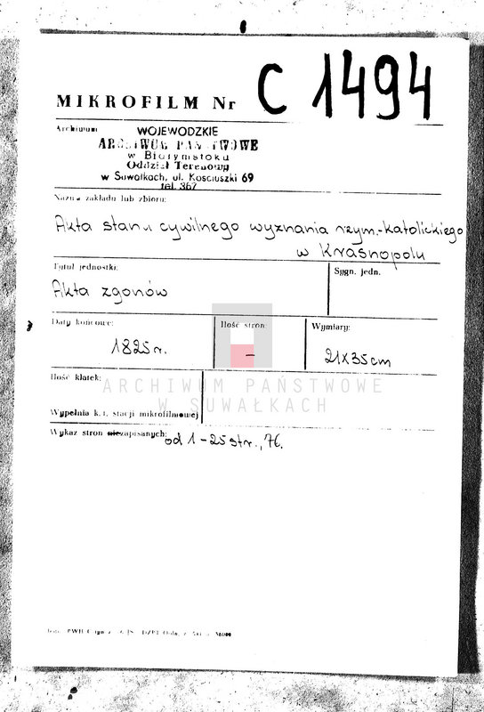 image.from.unit.number "Akta Zeszłych Gminy Krasnopolskiey Powiatu Seyneńskiego od 1-go Stycznia 1825. Województwo Augstowskie."