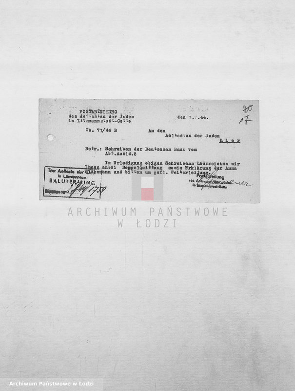 Obraz 20 z jednostki "Banken [Korespondencja PSŻ z GV i bankami niemieckimi w sprawie przekazów pieniężnych dla ludności getta]"