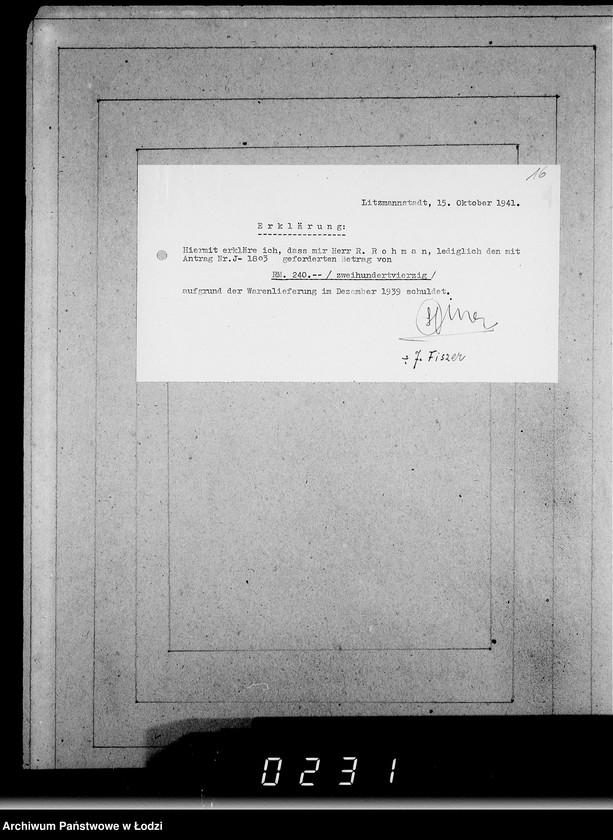 Obraz 20 z jednostki "J 1801-1820 [Wnioski Żydów z Getta o zwrot należności za towar wzięty na kredyt]"