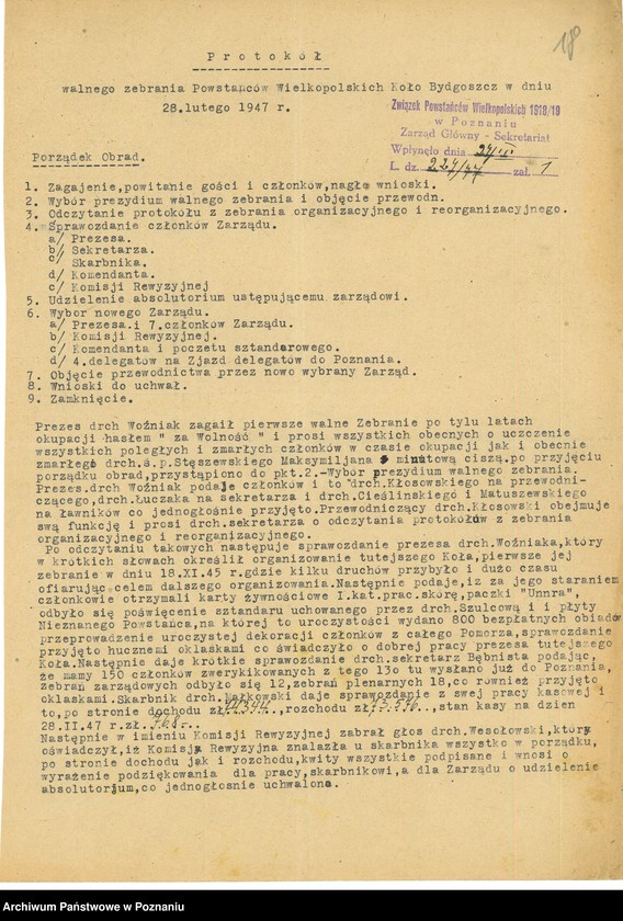 Obraz 20 z jednostki "Współdziałanie Zarządu Głównego Związku Powstańców Wielkopolskich z kołami 1. Bojanowo [1946-1948] 2. Bremno [19449] 3. Brodnica [1947-1948] 4. Bydgoszcz [1946-1948] 5. Chodzież [1946-1948] 6. Chorzów[1947-1949] 7. Czarnków [1946-1949] 8. Drawsko n/Notecią. [1948-1949] 9. Drezdenko [1947-19498]"