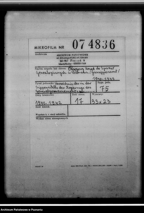 Obraz 2 z jednostki "Verzeichnis der, in der Sippenstelle der Regierungs des Generalgouvernements aufbewahrten Personenstandsbücher [wykaz, korespondencja]"