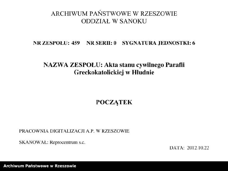 image.from.unit.number "Księga urodzeń, małżeństw i zgonów dla miejscowości Hłudno i Wara"