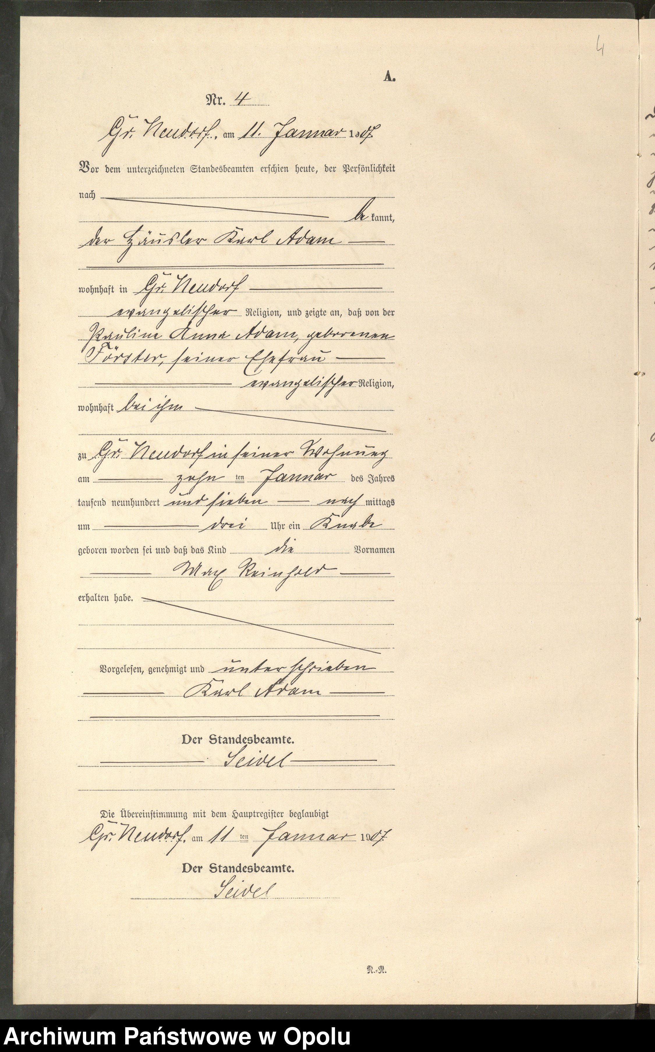 Skan z jednostki: Geburts-Register (Neben-Register) Standesamt Gr.[oss] Neudorf 1907
