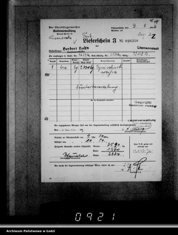 Obraz 19 z jednostki "Aufträge [Lieferscheinen und Rechnungen] 12321-12376 Lebensmitteleinkauf 5/Mü [Dostawa żywności dla Getta i dla obozu cygańskiego]"