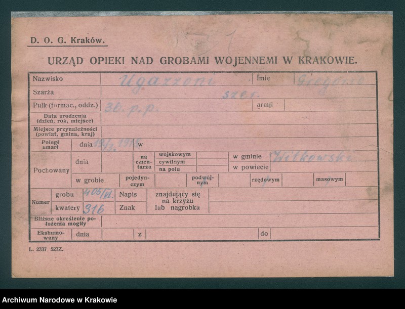 Obraz 18 z jednostki "Karty ewidencyjne zmarłych Włochów na terenie powiatów Zabrek, Cernovir, Witkowitz (Czechy)."