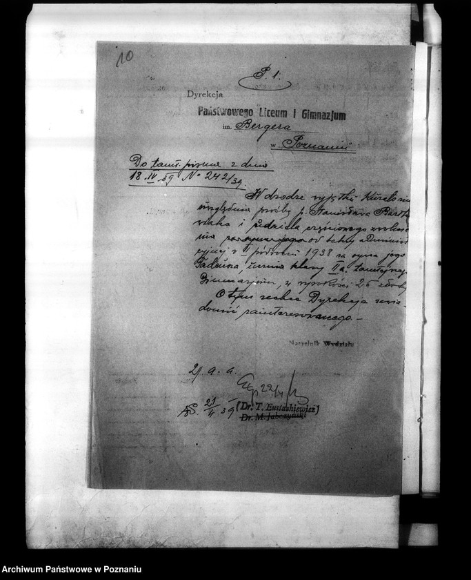 Obraz 14 z jednostki "Państwowe Liceum i Gimnazjum Męskie imienia Bergera w Poznaniu [korespondencja, między innymi spis abiturientów]"