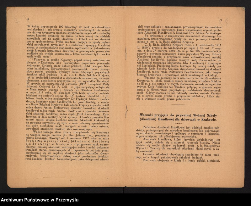 image.from.unit.number "I Sprawozdanie Dyrekcji Pryw[atnej] Wyższej Szkoły (Akademii) Handlowej dla Dziewcząt w Krakowie za rok szkolny 1917/18"