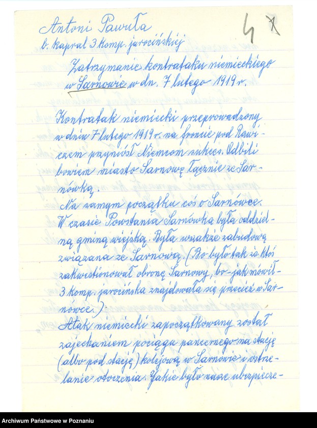 Obraz 15 z jednostki "Relacje i wspomnienia dotyczące powstania wielkopolskiego: 1. Sarnowa, powiat Rawicz, województwo poznańskie, 2. Skalmierzyce Nowe, powiat Ostrów Wielkopolski, 3. Studzieniec, powiat Chodzież, województwo poznańskie, 4. Słupia Kapitulna, powiat Rawicz, województwo poznańskie, 5. Sobiałkowo, powiat Rawicz, województwo poznańskie 6. Strzelno, powiat Mogilno, województwo bydgoskie 7. Sulmierzyce, powiat Szamotuły, województwo poznańskie 8. Szczepankowo, powiat Szamotuły. ..uwagi2"