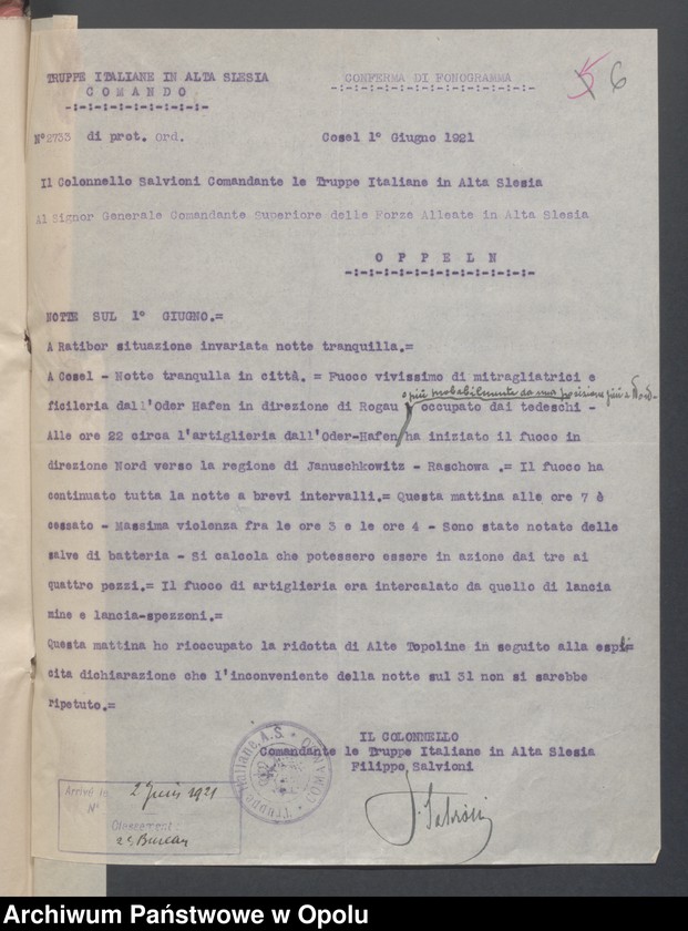 Obraz 8 z jednostki "Entrees-Pieces emanant des autorites Subordonnees-Evenements /Korespondencja od jednostek podległych w sprawie zdarzenia z miesiąca VI.1921/ 1-25.06.1921"