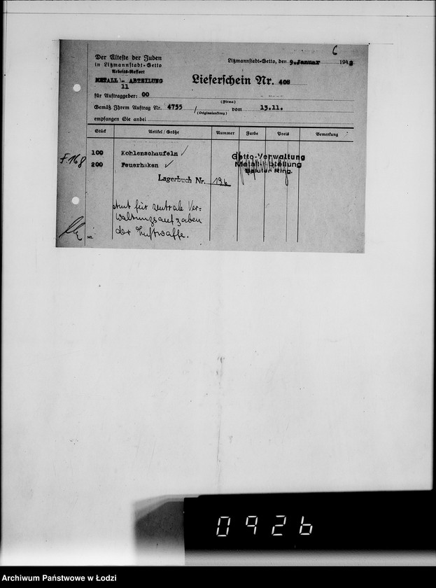 Obraz 8 z jednostki "Amt für Vewaltungsaufgaben der Luftwaffe Kriegsauftrag 49/41 A.z.V.100 Kohlenschaufeln. 200 Feuerhaken"