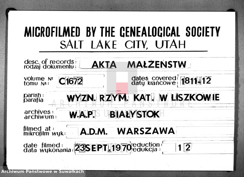 image.from.unit.number "Akta Cywilne Małżeństw w Gminie Liszkowskiey w Powiecie Dombrowskim w Departamencie Łomżyńskim Roku 1811/12 zawartych"