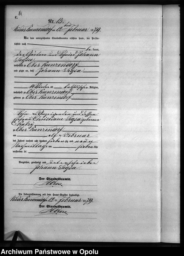 Obraz 17 z jednostki "Sterbe-Neben-Register Standesamts Kunzendorf pro 1879"