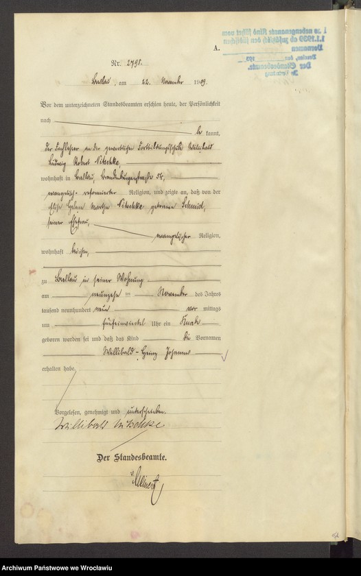 image.from.unit.number "Geburts-Haupt-Register Breslau IV 1909 Band 8"