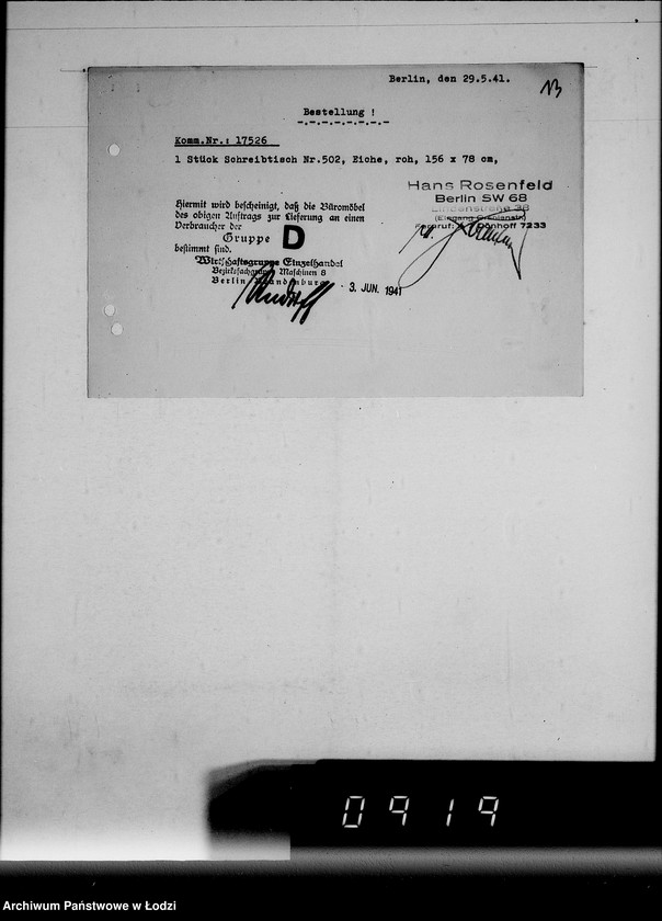 Obraz 17 z jednostki "Korrespondenz Firma Hans Rosenfeld-Büromebel mit Getto-Verwaltung betr.Büromebel"