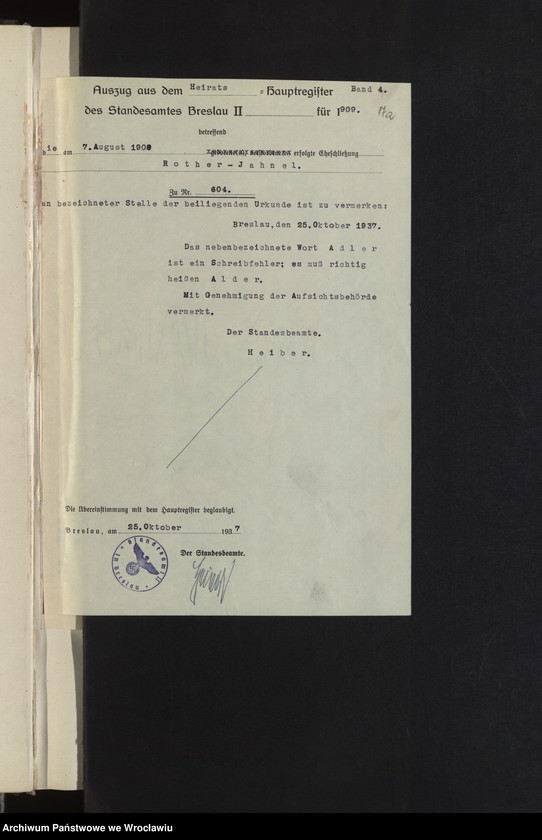 image.from.unit.number "Heiraths-Haupt-Register Breslau II 1909 Band 4"
