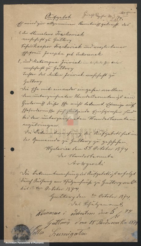 image.from.unit.number "Acta betreffend die Sammel Akten für die von den verlobten beizubringenden Urkunden und Konsenserklärungen, für die Aufgebotscheinigungen und Dispensation [...] von 1874 bis 1876"